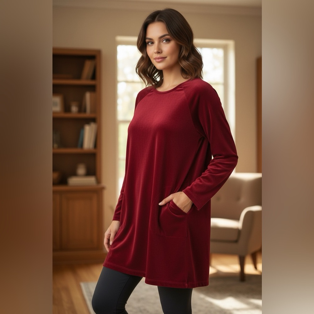 Pure Jill Red Velveteen Tunic Dress Pockets Long Sleeve L